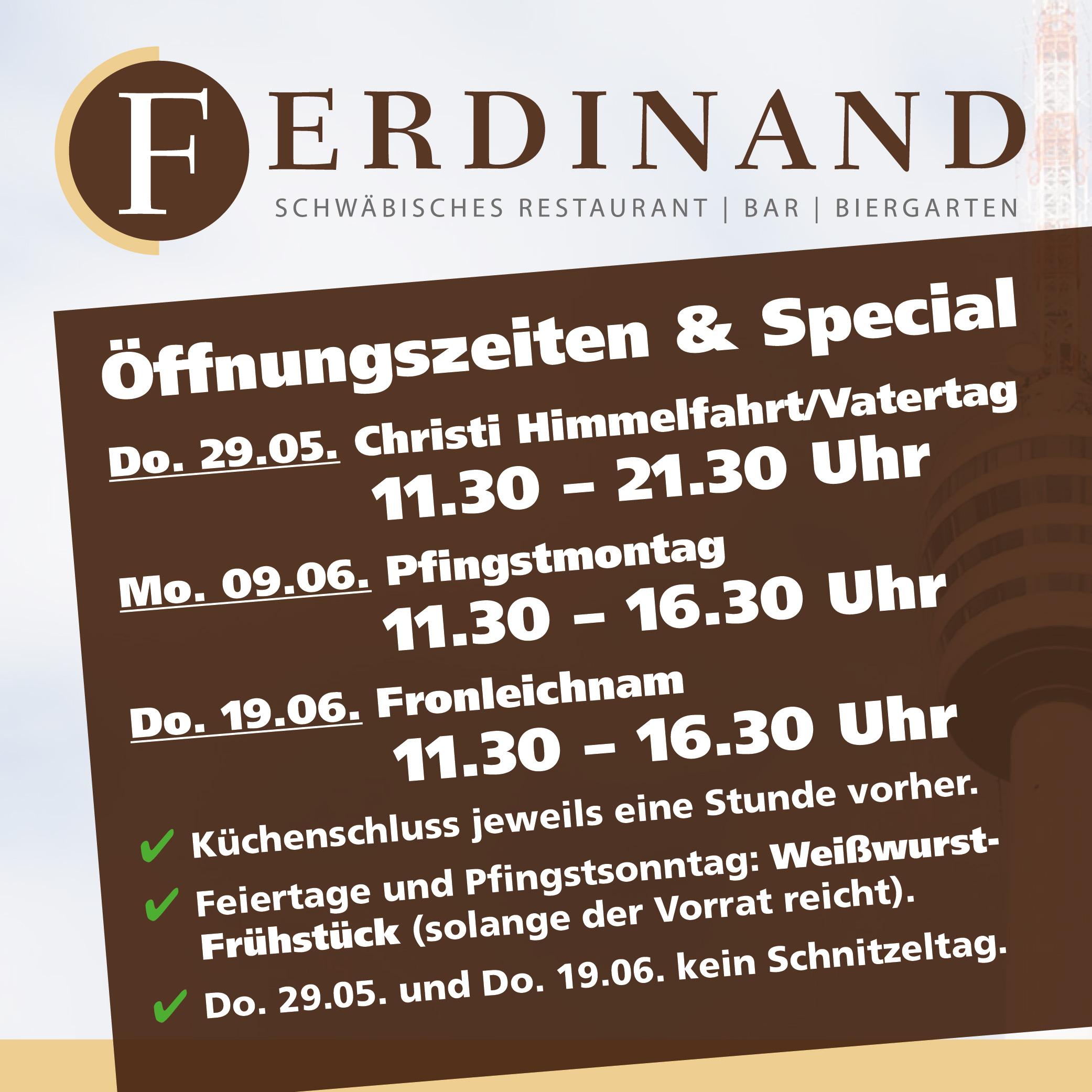 Restaurant Ferdinand Stuttgart-Degerloch Öffnungszeiten an den kommenden Feiertagen